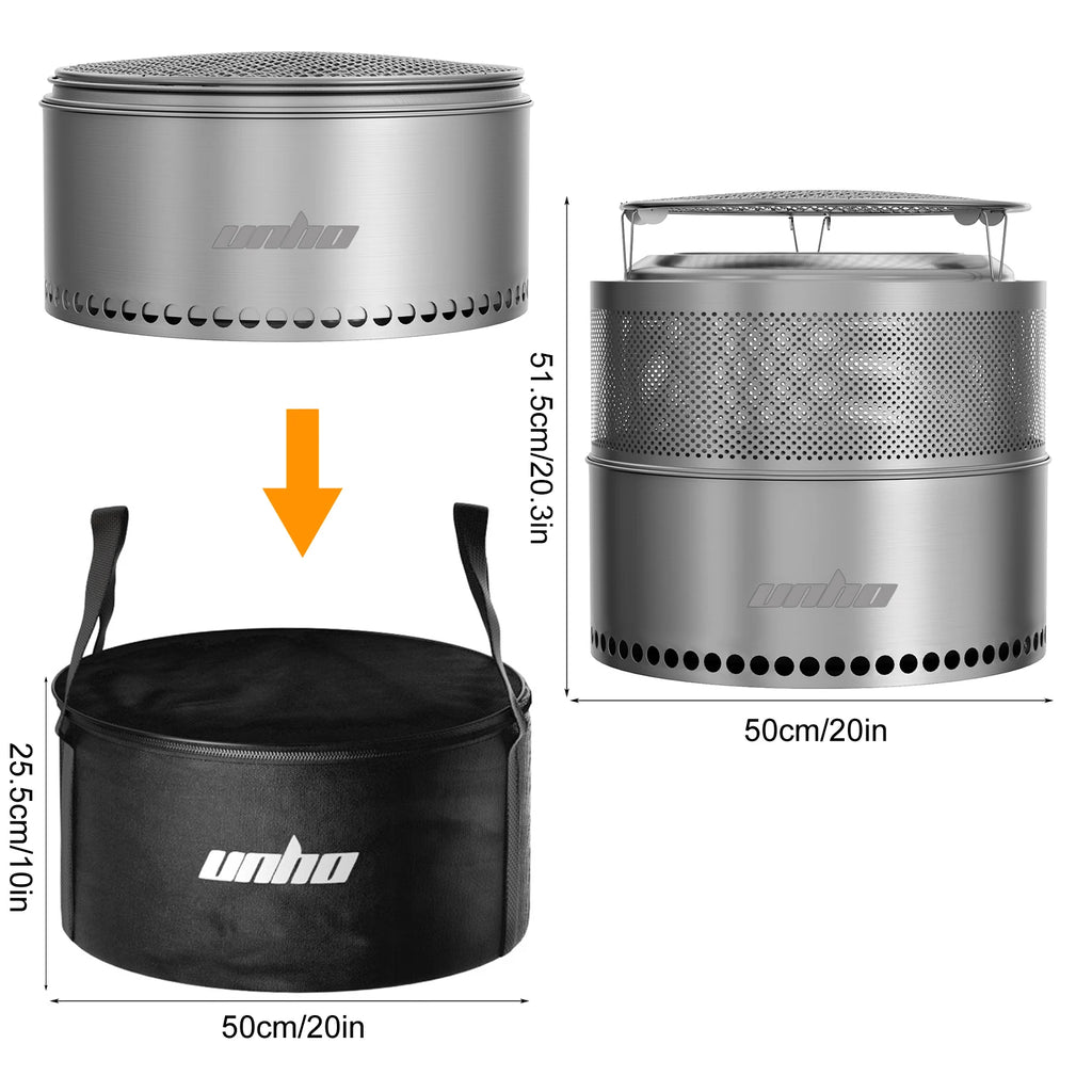 19-Inch Smokeless Fire Pit with Carry Bag - Portable Stainless Steel Camping Stove
