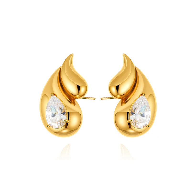 Gold Chunky Double Teardrop Earrings with Clear Crystals for Women