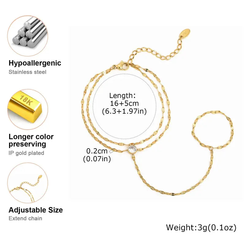 Adjustable Gold Plated Stainless Steel Hand Chain Ring Bracelet for Women - Summer Party Jewelry