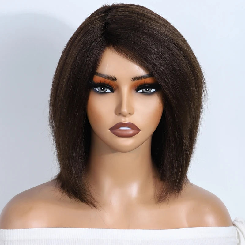Kinky Straight Bob Wigs for Women 12 Inch Human Hair Natural Brown