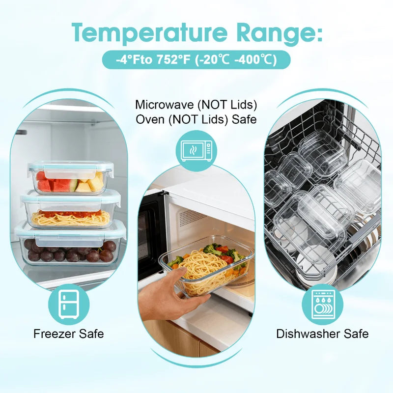 Glass Food Storage Containers Set - Leakproof Microwave Safe Kitchen Organizer