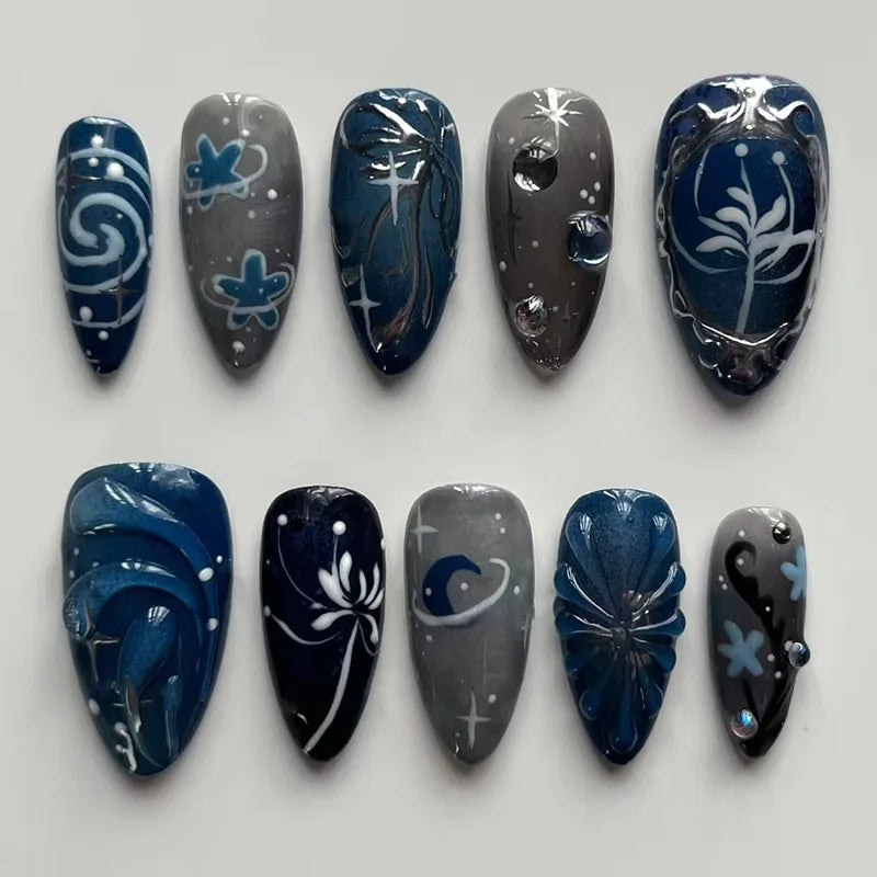 24Pcs Long False Nails with Almond Shape and Cat's Eye Silver Stripe Pattern — Press-On Nail Tips for Manicure
