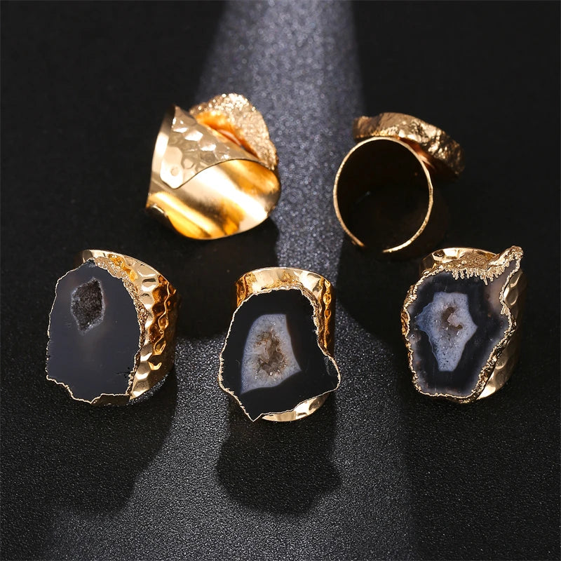 Natural Agate Stone Wide Open Adjustable Ring for Women Boho Jewelry