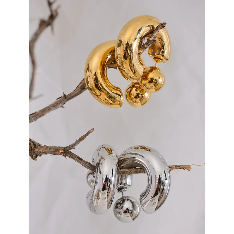 Unisex C-Shaped Round Chunky Earrings - Waterproof Metal Jewelry for Women