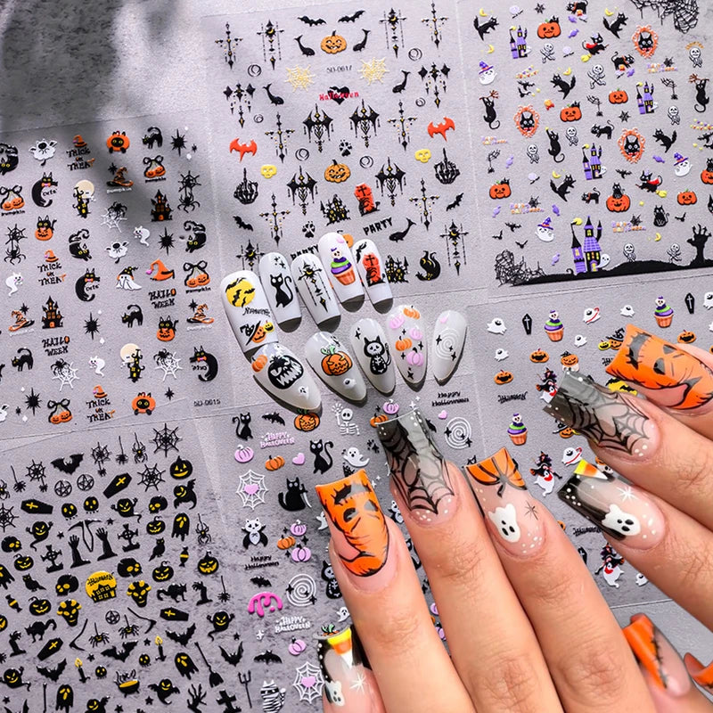 Halloween Black Pumpkin Bat Nail Art Stickers - 2 Sheets Spooky Nail Decals