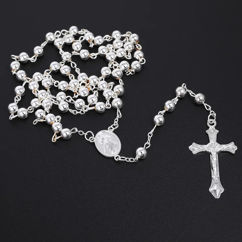 Gold Color Rosary Necklace for Men & Women Long Beads Chain Cross Pendant Religious Jewelry Gift