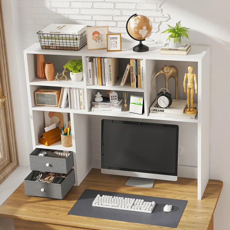 Adjustable Desktop Bookshelf Organizer with 7 Compartments & 2 Drawers - Large Capacity Office Storage