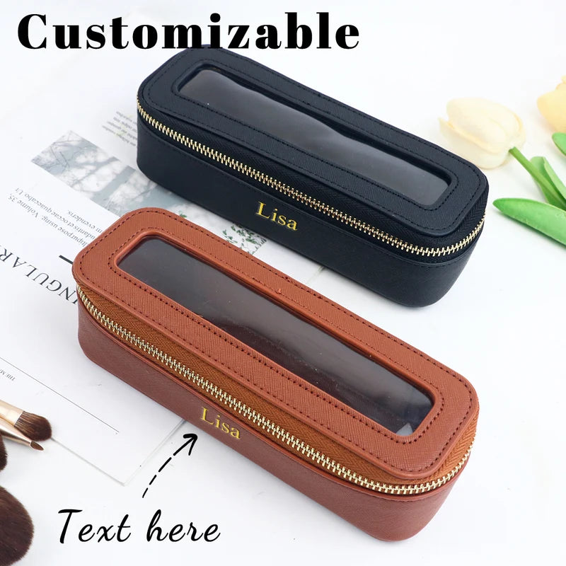 Customized PU Leather Transparent Makeup Brush Bag Portable Storage Organizer