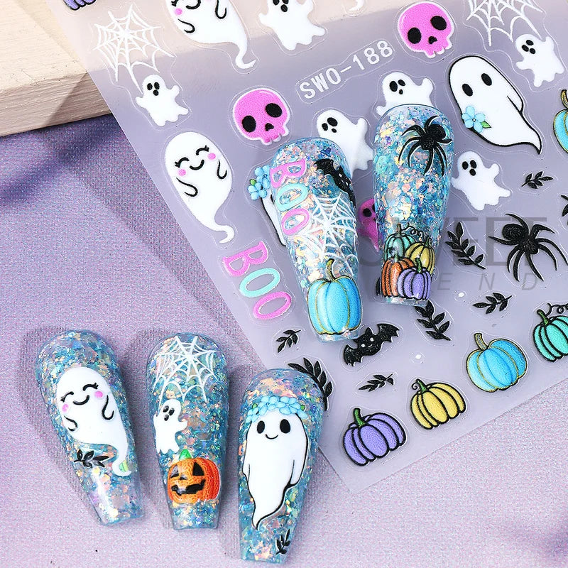 Halloween Nail Decals 2 Sheets Adorable Ghosts Pumpkins Spider Web Bat Lollipops