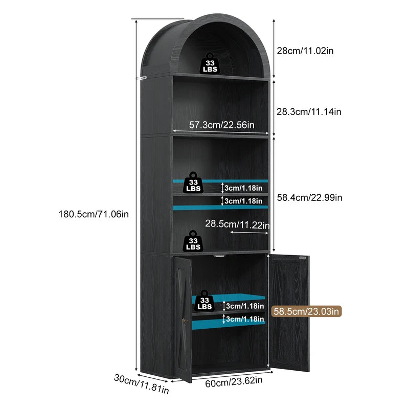 70-Inch Black Arched Bookcase with 6 Shelves - Freestanding Storage Cabinet for Living Room and Kitchen