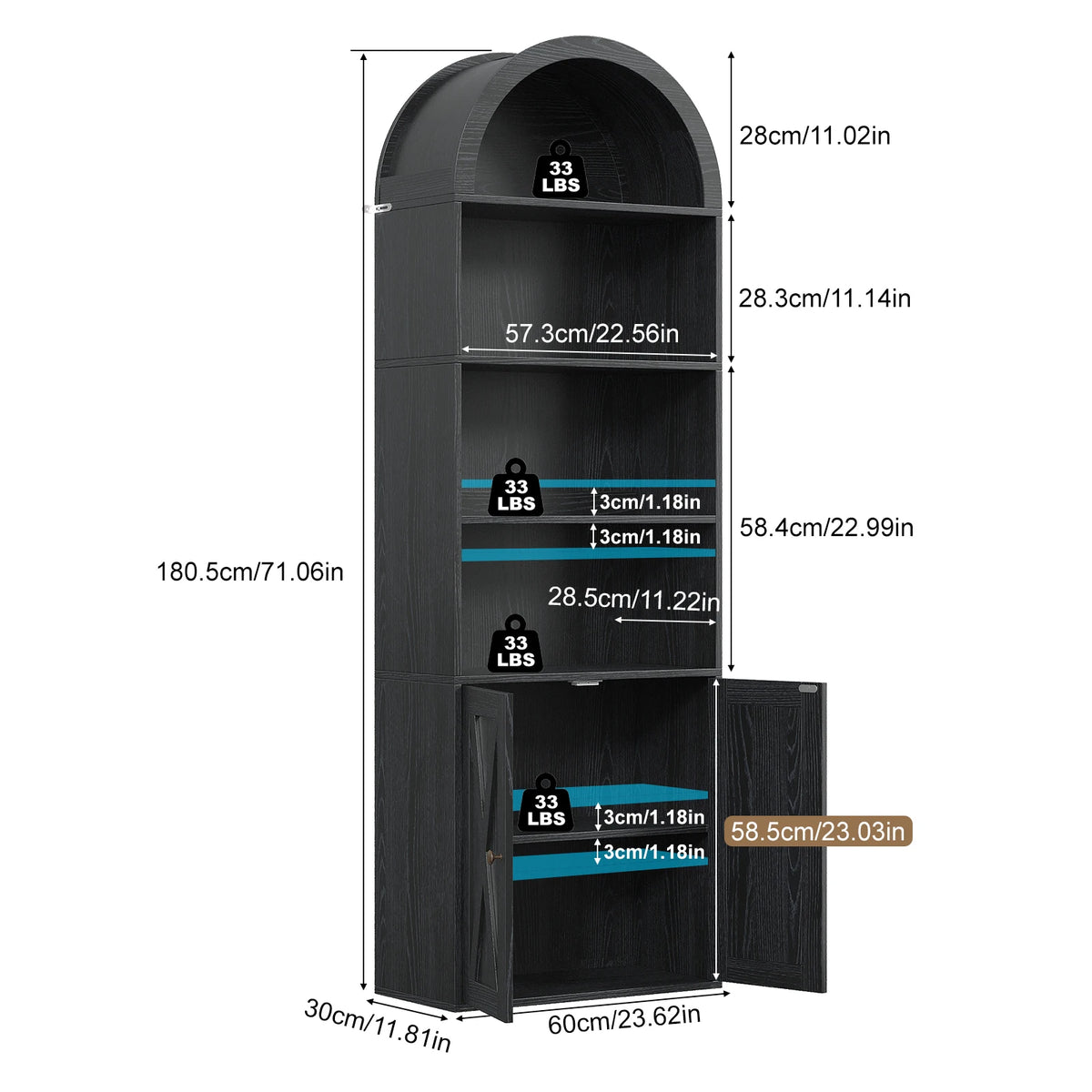70-Inch Black Arched Bookcase with 6 Shelves - Freestanding Storage Cabinet for Living Room and Kitchen