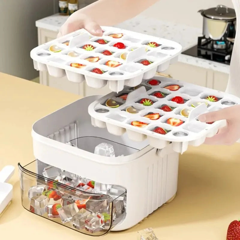 Press Type Ice Cube Mold with Lid - Reusable Double-Layer Ice Tray for Freezer