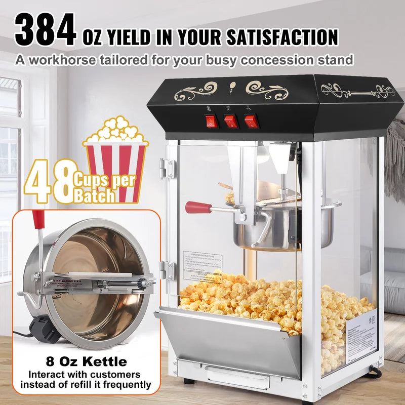 850W Commercial Popcorn Maker Machine 8 Oz Kettle for Theater & Events