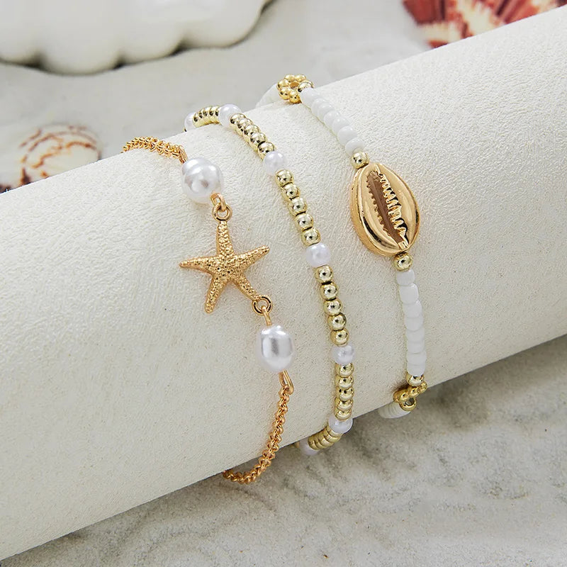 Summer Shell Bracelet Set for Women Boho Starfish Pearl Beads Chain Jewelry Gift