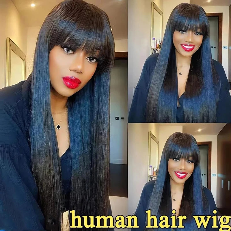 Black Bone Straight Human Hair Wig with Bangs - 30 Inch Brazilian Glueless Lace Wig for Women