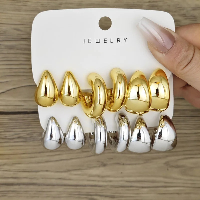 6-Piece Chunky Gold Plated Waterdrop Hoop Earrings Set for Women - Elegant Jewelry