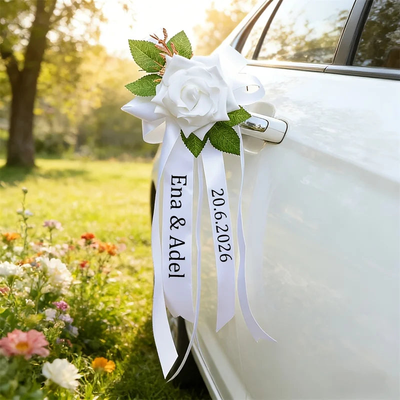 Wedding Car Door Decorations White Rose Bow Ribbon Customizable Vehicle Ornament