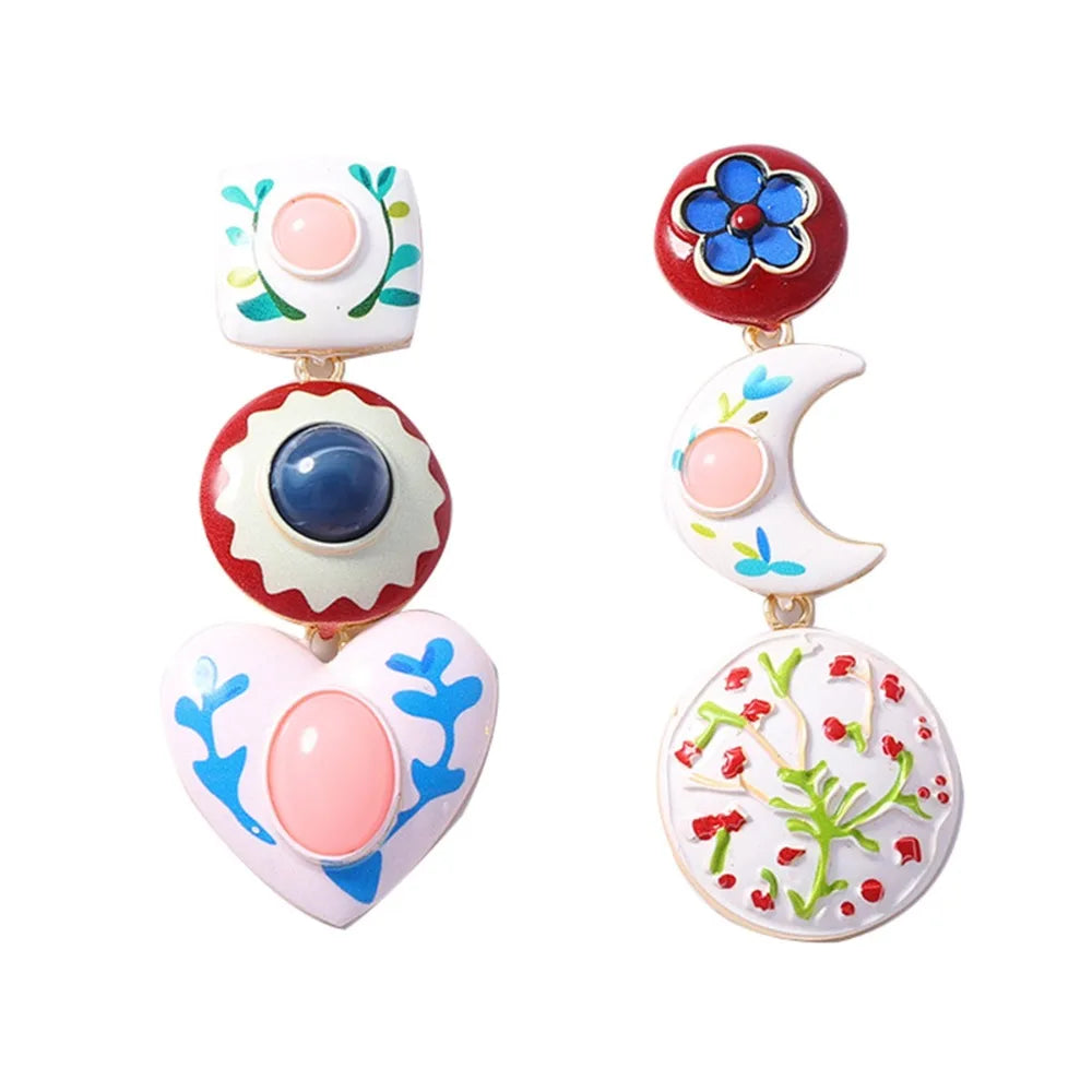 Asymmetrical Enamel Dangle Earrings Geometric Zircon Bohemian Jewelry for Women