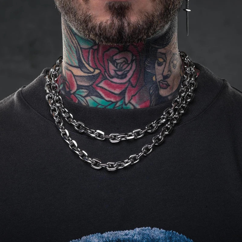 Chunky Beveled Cable Chain Necklace with Stainless Steel Link - Punk Gothic Jewelry for Men