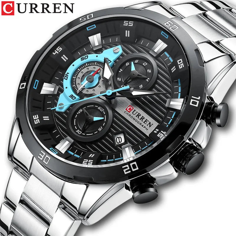 Men's Stainless Steel Watch with Luminous Dial and Chronograph - Unisex Fashion Timepiece