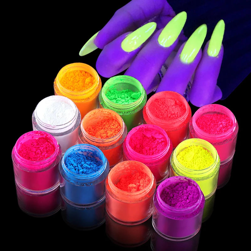 12-Color Neon Pigment Powder Set for Nail Art & DIY Manicure - Fluorescent Glitter Dust
