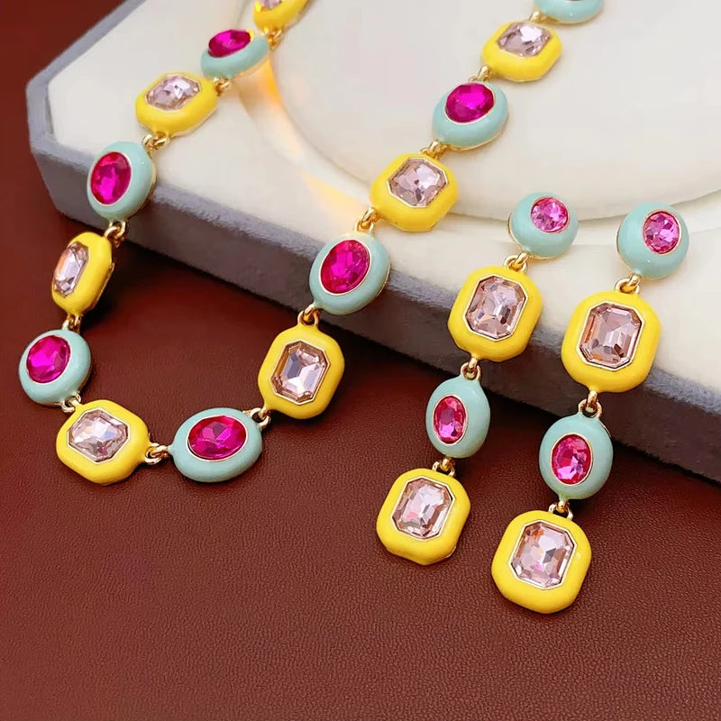 Colorful Square Oval Rhinestone Choker Necklace with Dangle Earrings Jewelry Set