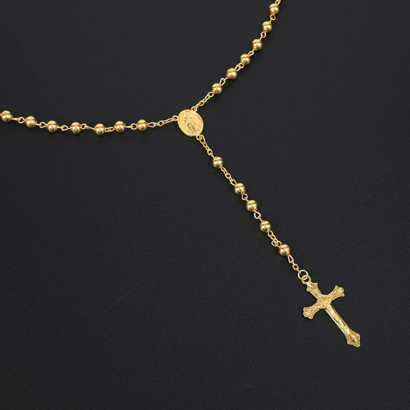 Gold Color Rosary Necklace for Men & Women Long Beads Chain Cross Pendant Religious Jewelry Gift