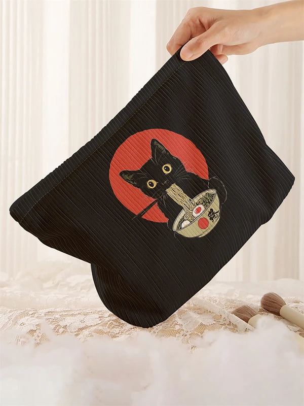 Black Cat Pattern Corduroy Makeup Bag with Zipper - Lightweight Storage Organizer