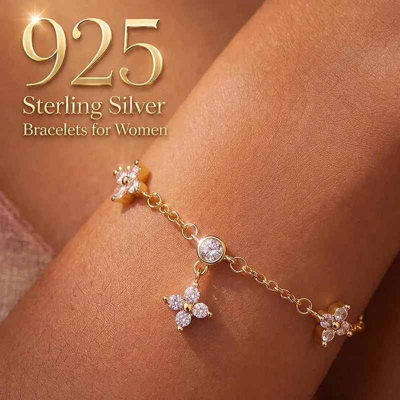 925 Sterling Silver Dainty Bracelet with CZ Stones, 14K Gold Plated Waterproof Chain for Women