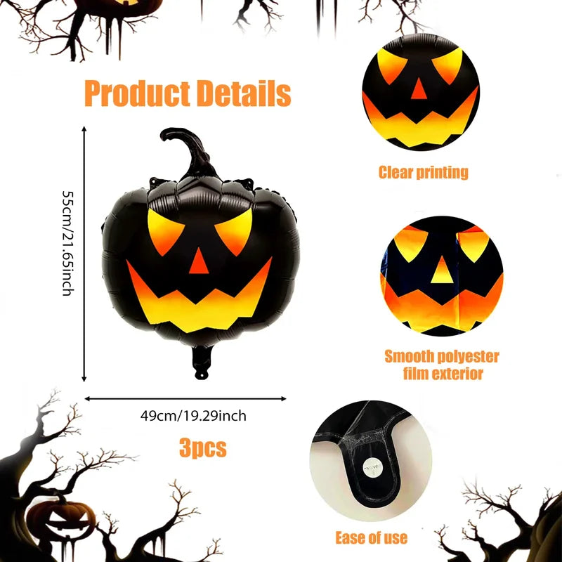 3pcs Black Pumpkin Head Balloons Halloween Horror Theme Decorations