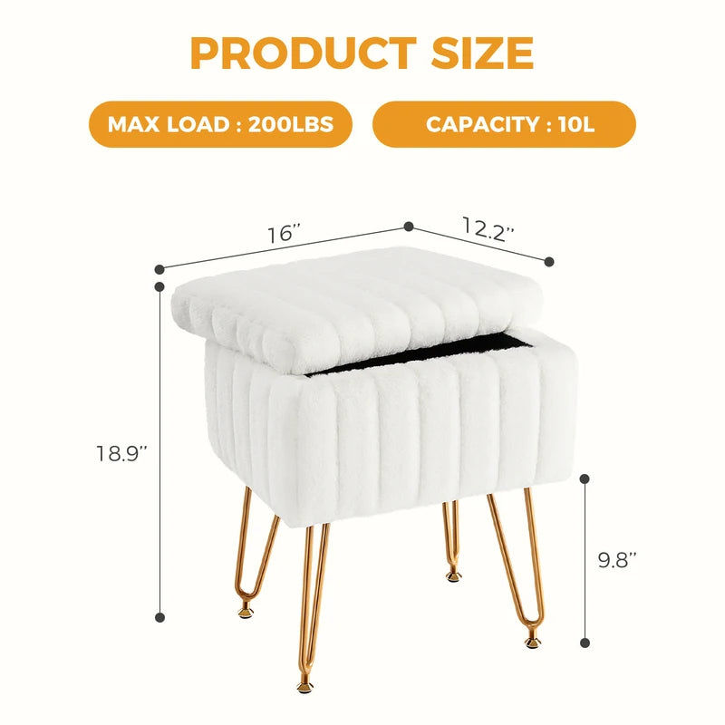 Faux Fur Storage Ottoman with Hidden Compartment, Adjustable Legs, Multi-Use Seat for Living Room
