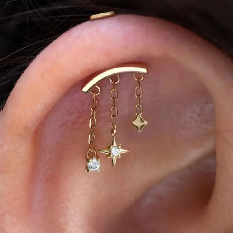 Sterling Silver CZ Star Ear Piercing Stud with Chain for Women - Fine Jewelry