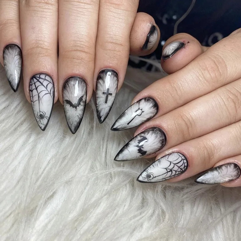 Halloween False Nails Set - Gothic Punk Coffin Shape with Rose Bat Ghost Print