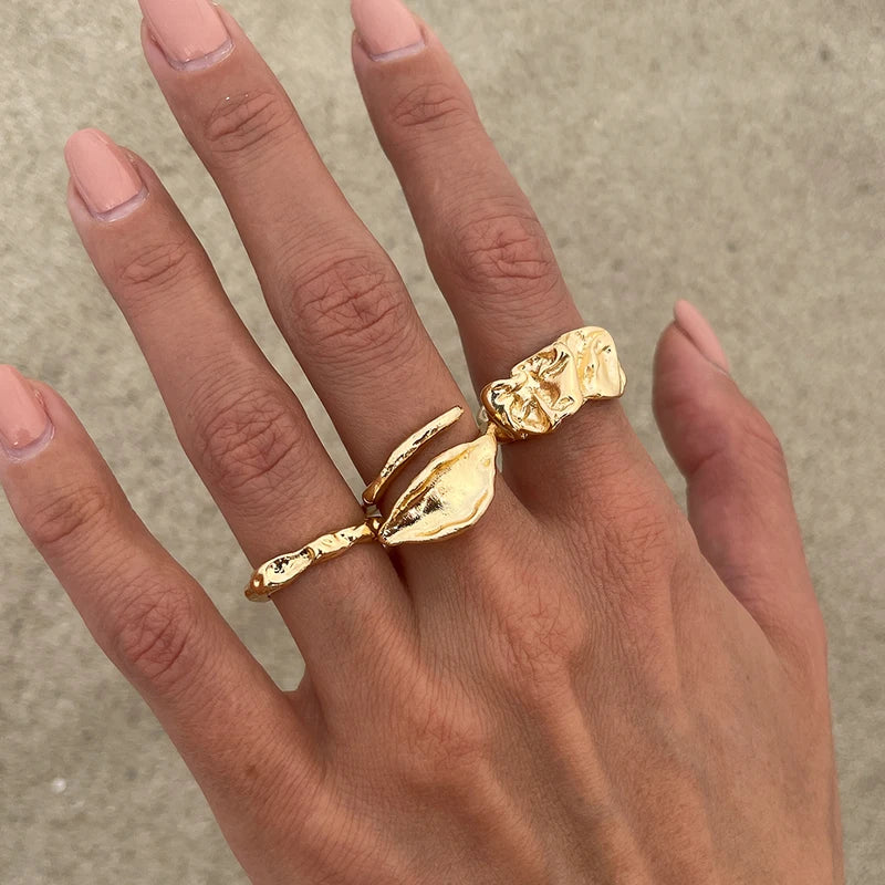 Geometric Open Ring Set Women 3pcs Adjustable Gold Finger Jewelry