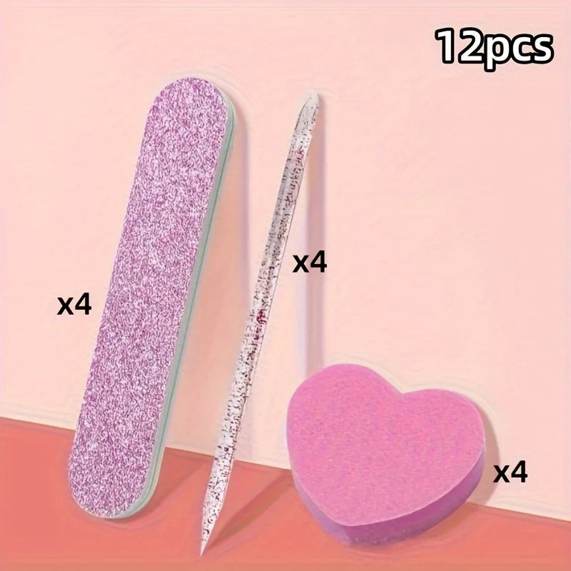 Pink Glitter Nail Care Kit with Buffers and Nail Art Tools - 12 Piece Set