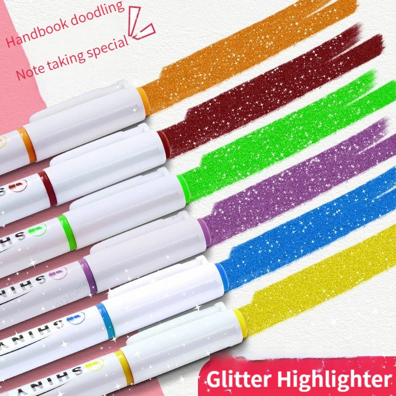 Kawaii Glitter Highlighter Pen Set - Pastel Fine Markers for Scrapbooking & Stationery