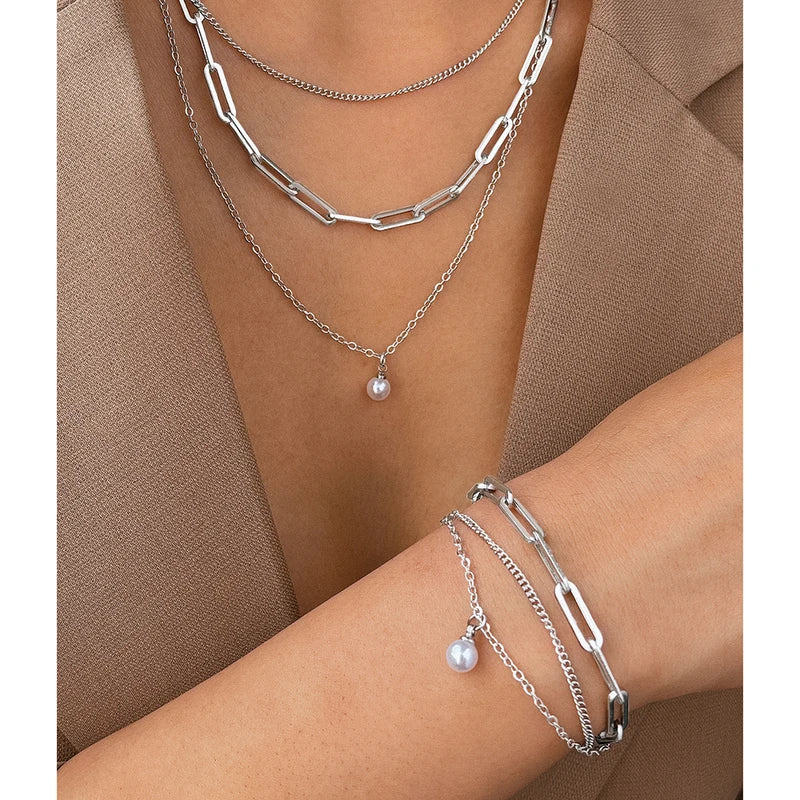 Delicate Pearl Pendant Jewelry Set for Women Multi-Layer Chain Gift