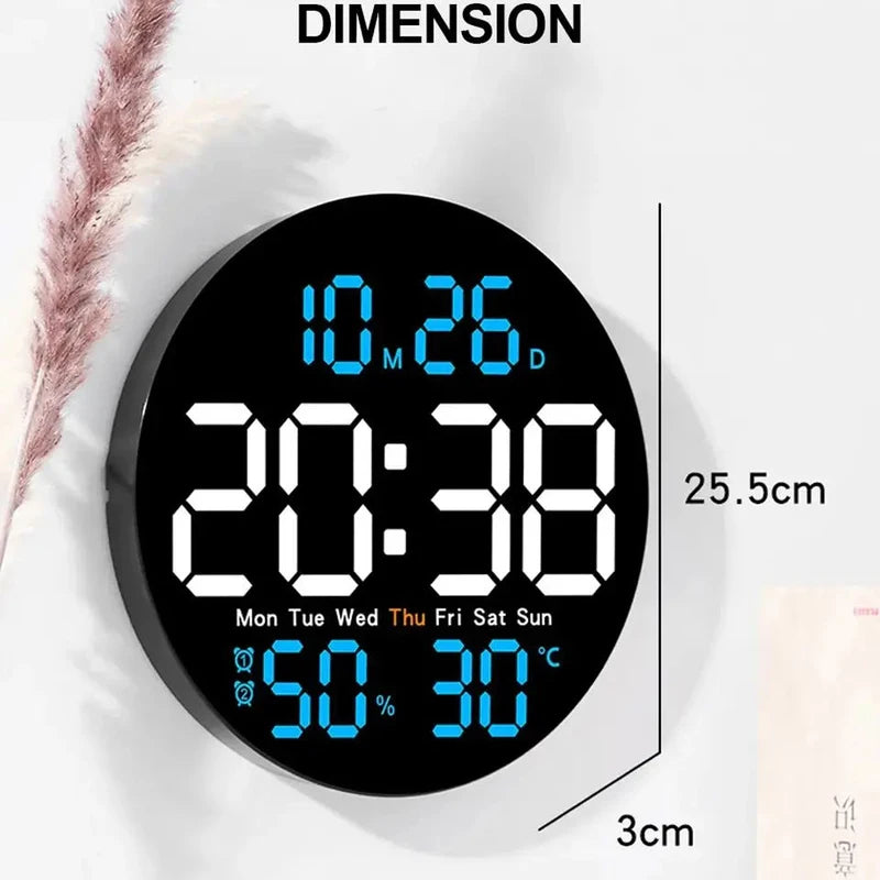 LED Wall Clock with Dual Alarms, Calendar, Temperature & Brightness Adjustable for Home