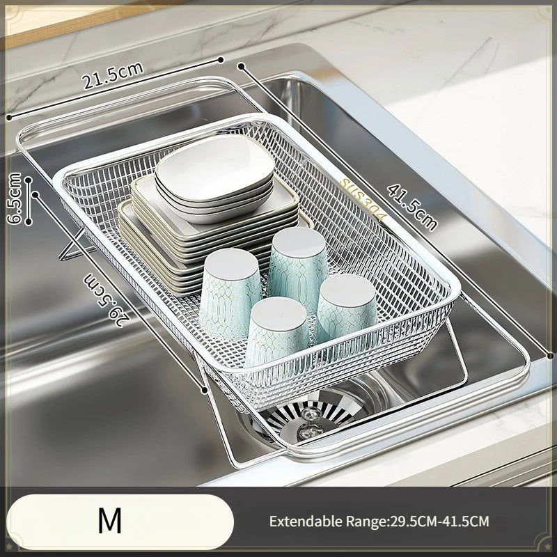 Stainless Steel Sink Drain Rack Kitchen Organizer Retractable Large Capacity Durable