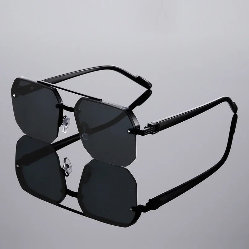 Oversized Semi-Rimless Sunglasses Men Fashion Vintage Gradient Casual Shades