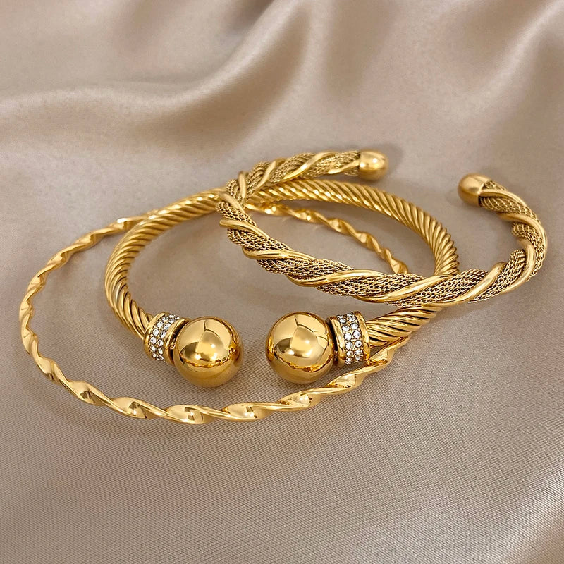 Warp Twine C-Shaped Open Men's & Women's Bracelet Jewelry Set - Stainless Steel