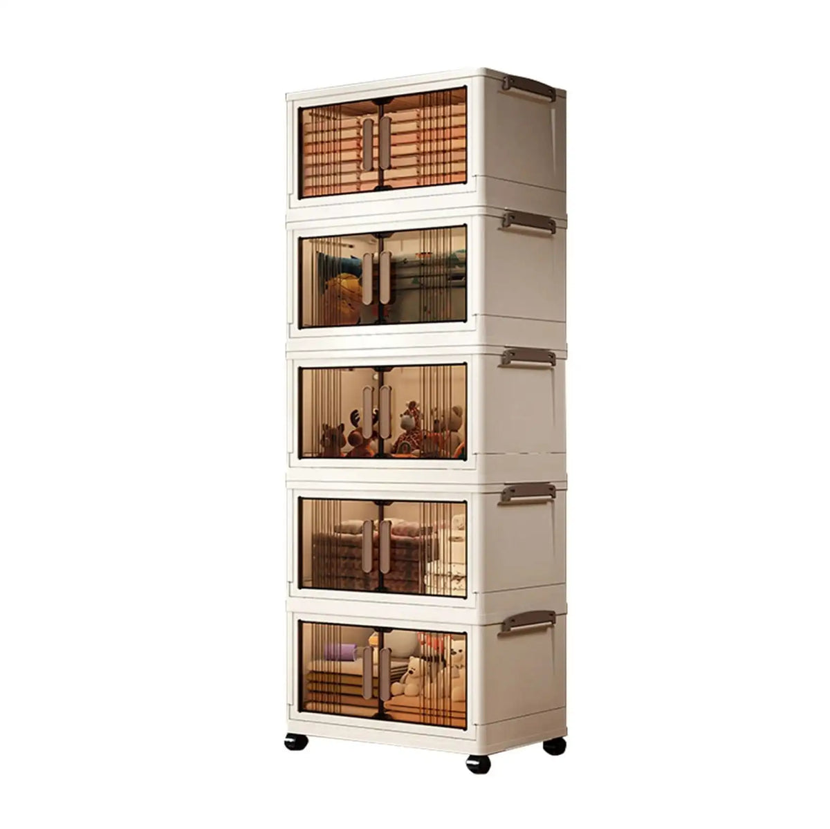Stackable Storage Cabinet with Doors & Wheels - Modular Plastic Organizer, 2-5 Tiers