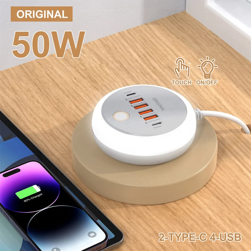Multi-Device USB & Type-C Fast Charging Power Strip with Nightlight - Travel Charger 50W