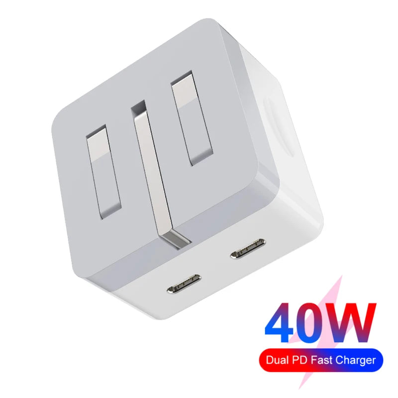 40W Dual USB-C Fast Charger with Foldable Wall Plug for iPhone & iPad