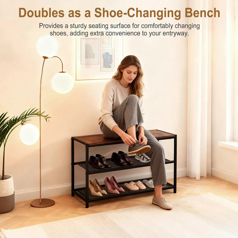 3-Tier Shoe Bench with Storage Mesh Shelves Entryway Organizer Sturdy Bench