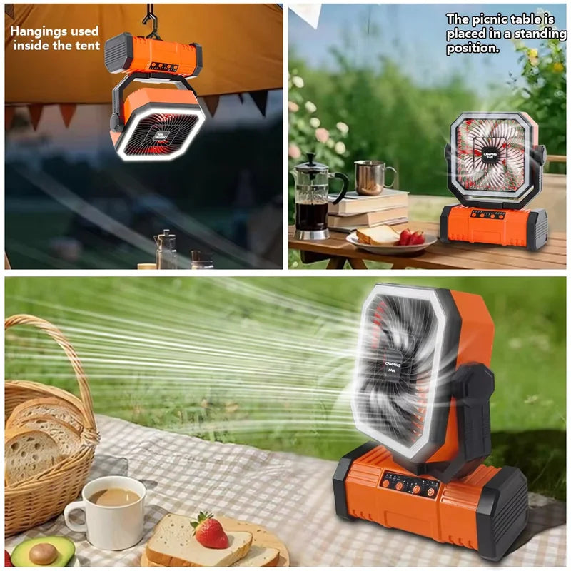 Portable 20000mAh Camping Fan with LED Light and USB Power Bank - Outdoor Tent Fan with 270° Adjustable Wind Speeds and Timer
