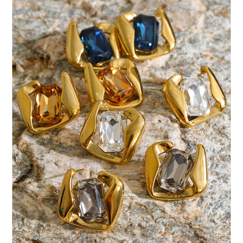 Multi-Color Crystal Square Stud Earrings 16K Gold PVD Plated Jewelry