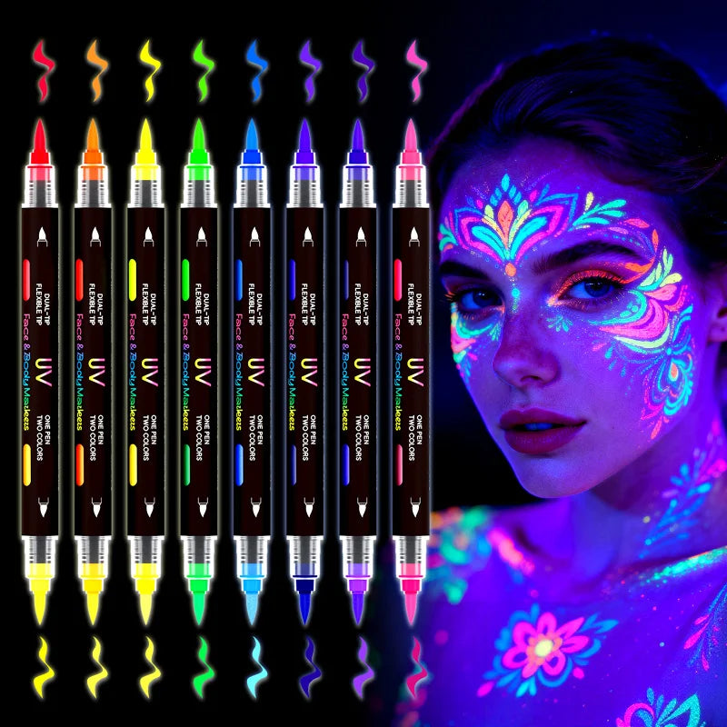 Glow in The Dark Face Paint Markers 8-Pack, Neon UV Body Art Pens for Skin & Tattoos