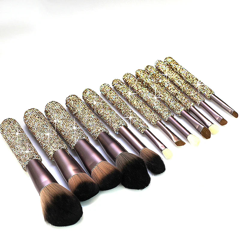 12 Piece Makeup Brush Set with Rhinestones - Face, Eye, Foundation, Blending Tools