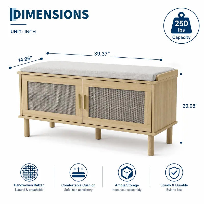 Rattan Shoe Storage Bench with Cushion - Adjustable Shelves & Hidden Organizer